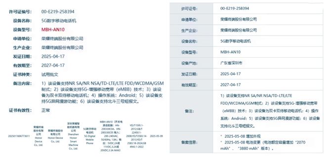 有线快充+北斗功能三证也已齐全荣耀神秘新机突然入网：66W(图4)